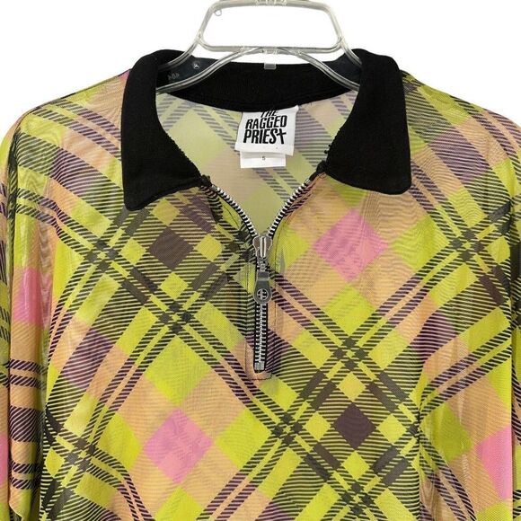 Ragged Priest Top Mesh Tunic Yellow Plaid Size S Long Sleeve Collared 1/4 Zip - Picture 3 of 9